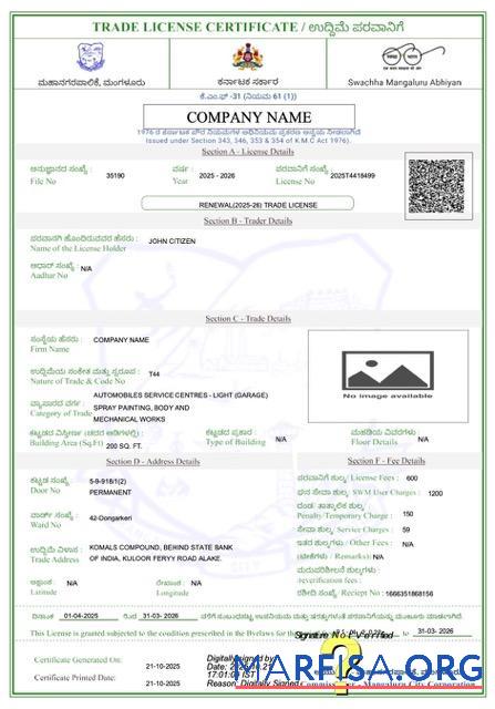 Printable India Mangaluru trade license certificate Word and PDF template
